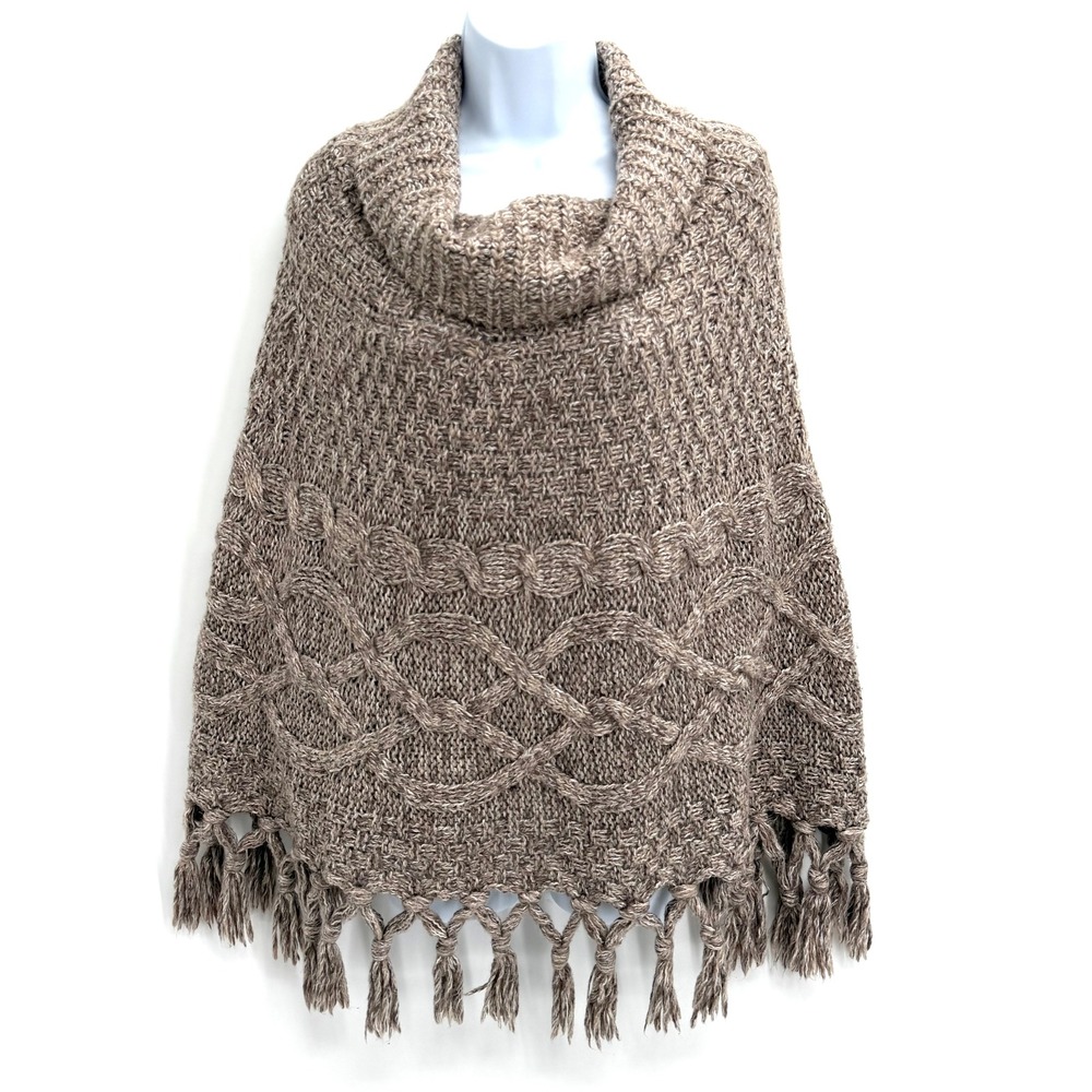 Y2K Old Navy Fringe Poncho Sweater Wool Blend M/L Brown Cable Knit Cowl Neck